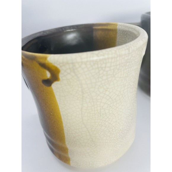 Vintage Stoneware Set of 2 Coffee Mugs Dark Brown yellow Cream Striped Ombre - Picture 4 of 6